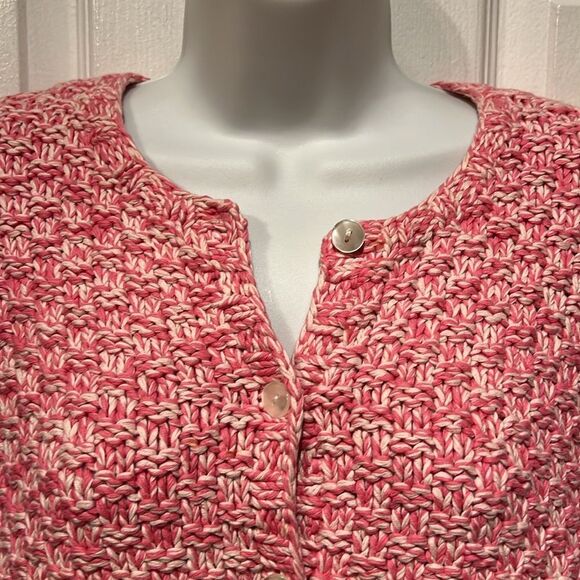 Talbots Pink/White Hand Knit‎ Cotton Cardigan Sweater Size M - Picture 2 of 10